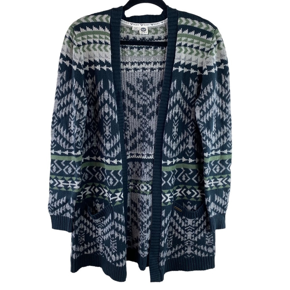 Roxy Blue Green Gray‎ Aztec Tribal Long Line Boyfriend Open Cardigan Size M/L